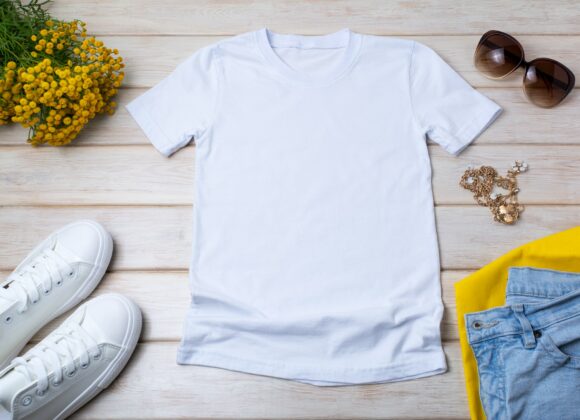 Womens white T-shirt mockup with yellow flowers